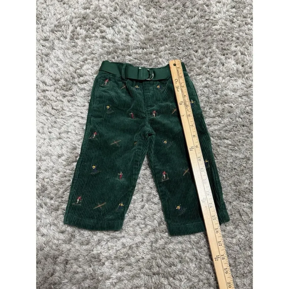 Ralph Lauren Baby 12M Green Corduroy Ski Skier Embroidered Pants Belted Unisex